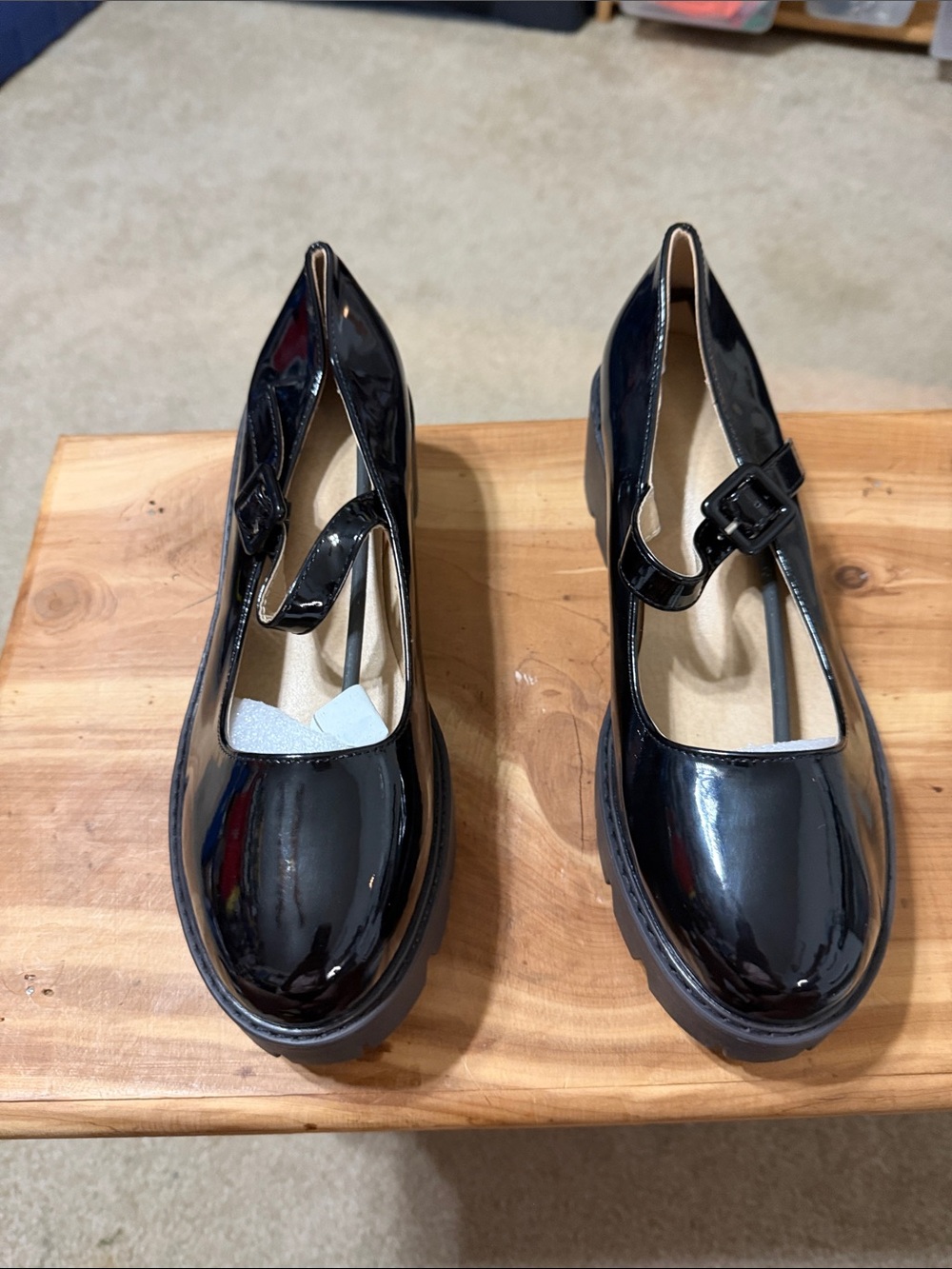 Women’s Black Patent leather block heel buckle strap